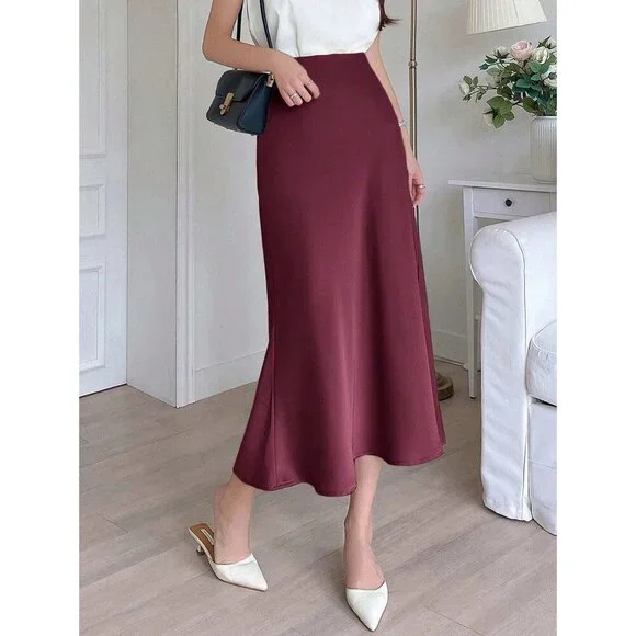 Midi satin skirt minimalist burgundy red - Picture 1 of 2
